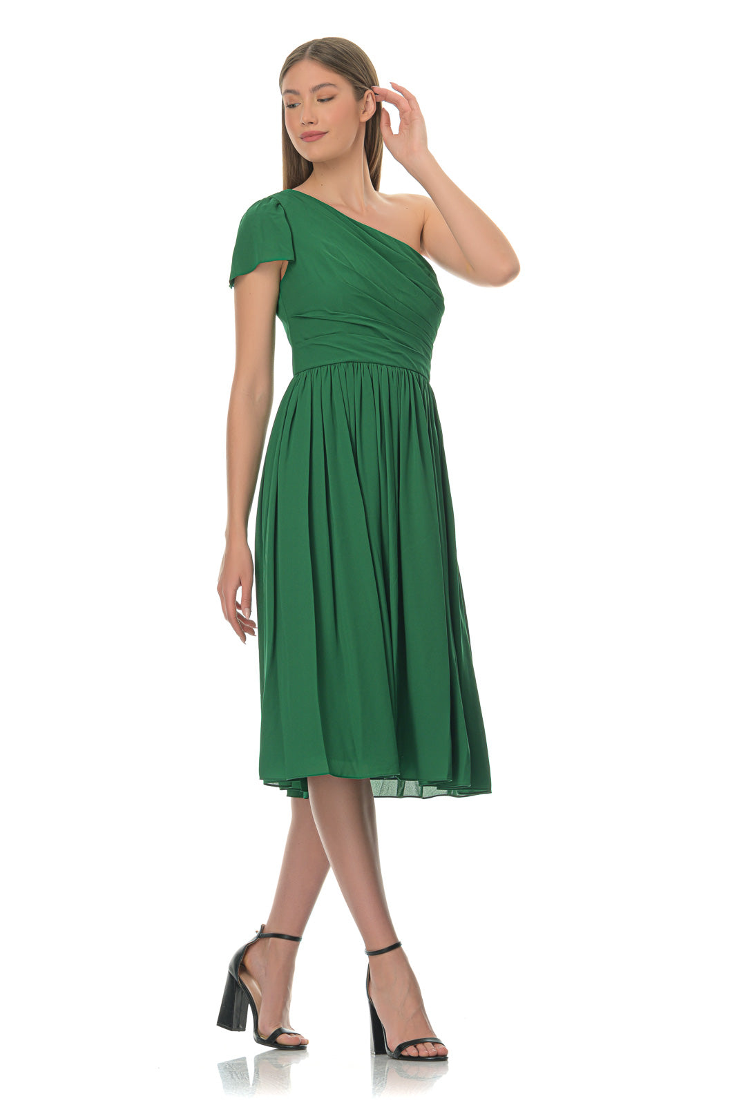 One-shoulder pleated crepe dress