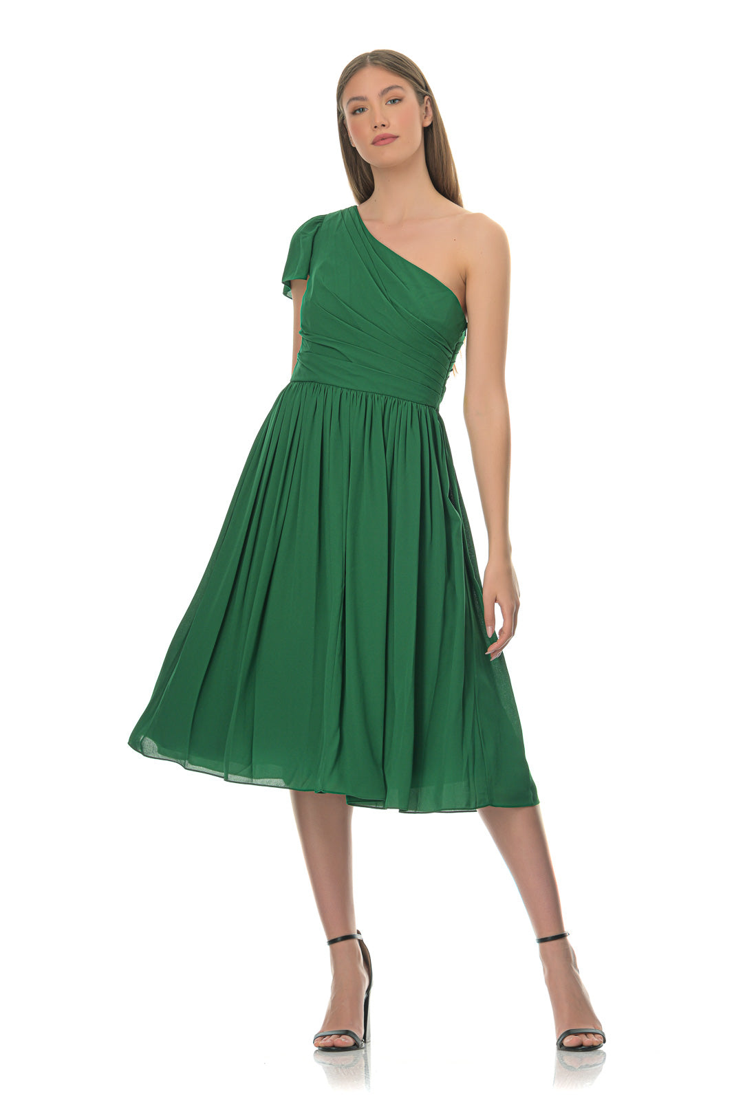 Emerald green one shoulder pleated detail midi hot sale dress