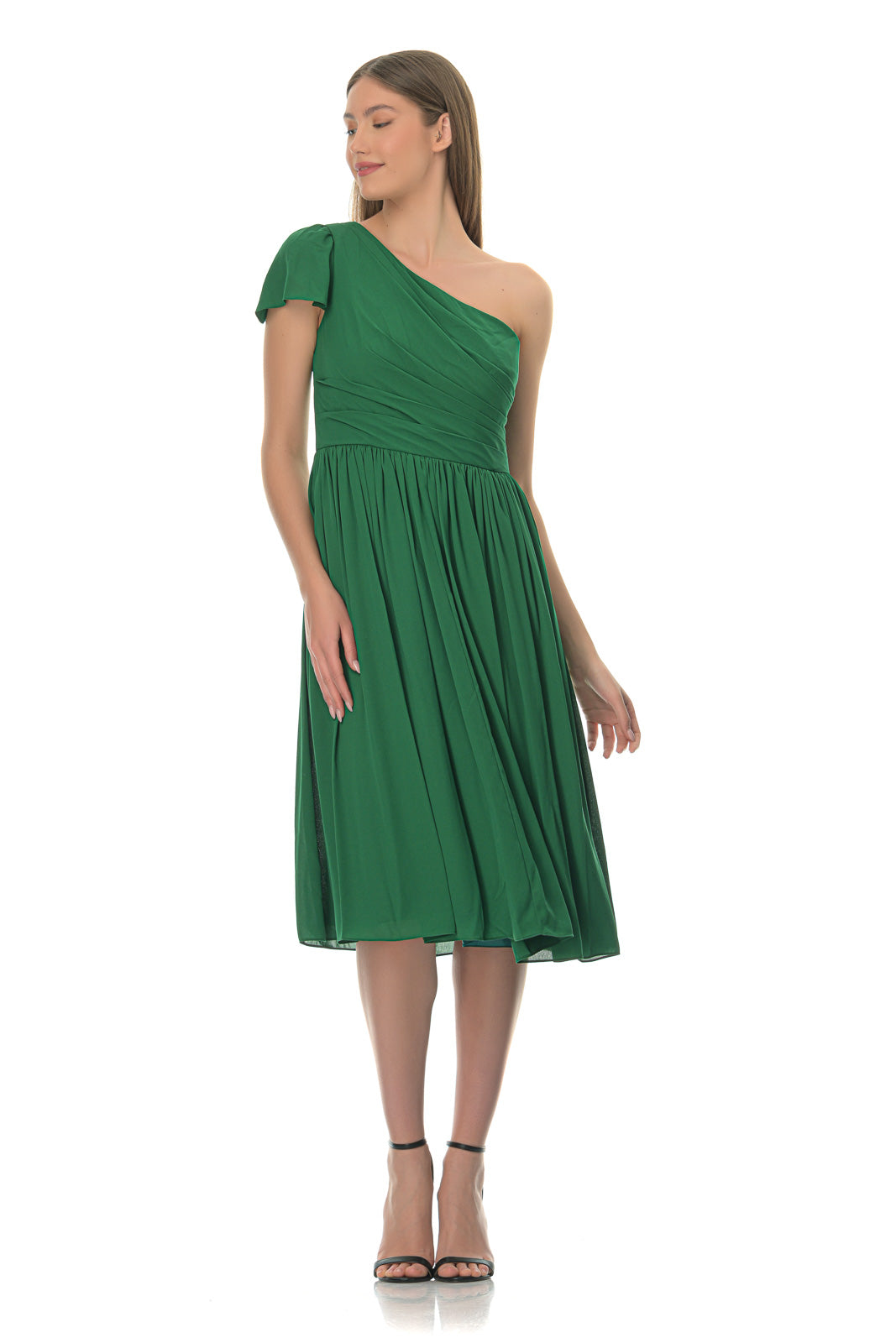 One-shoulder pleated crepe dress