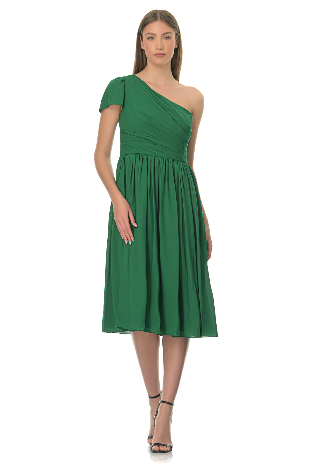 One-shoulder pleated crepe dress