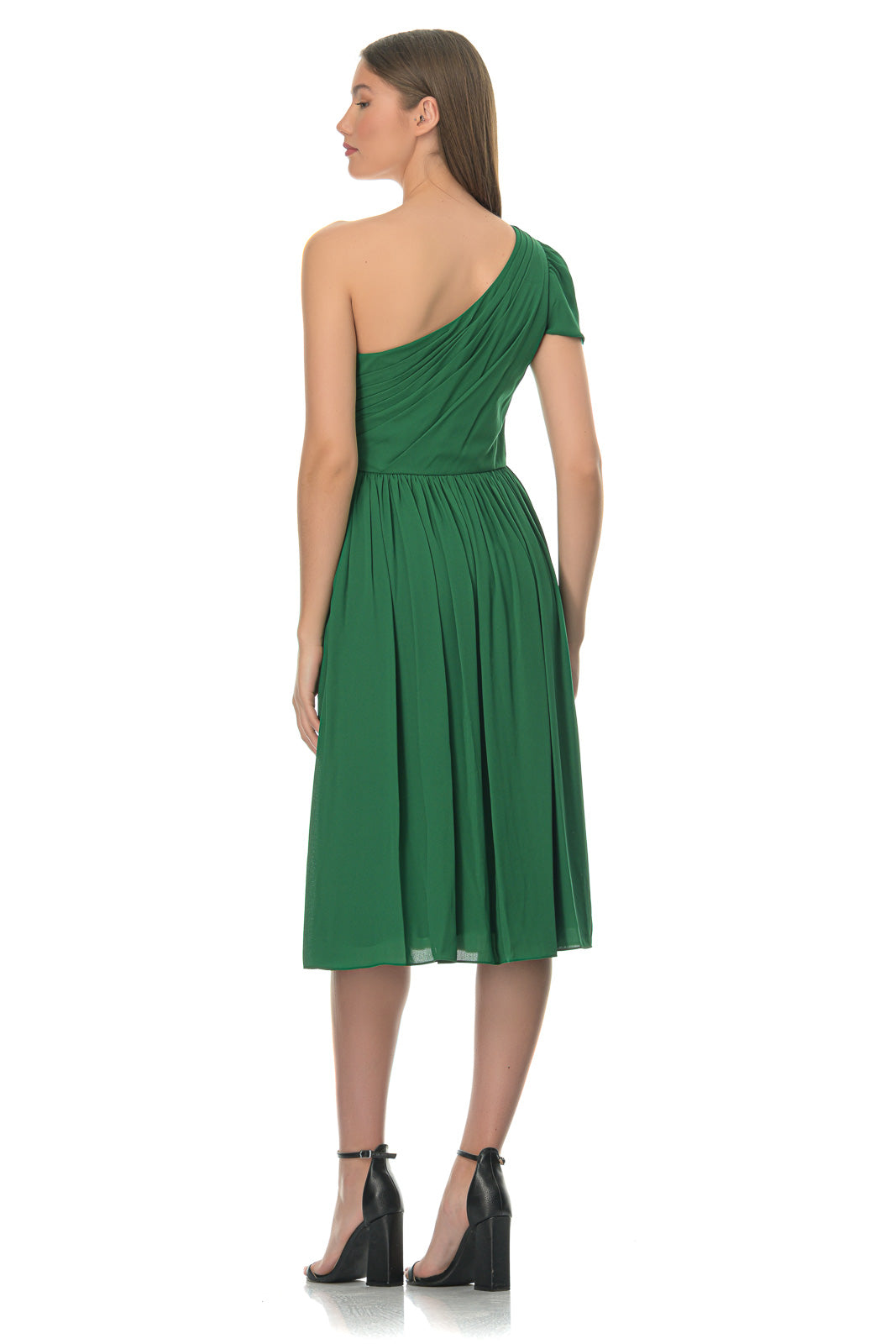 One-shoulder pleated crepe dress