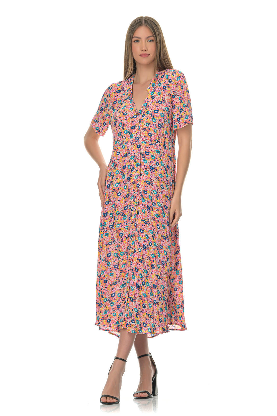 Emma gathered floral crepe midi shirt dress