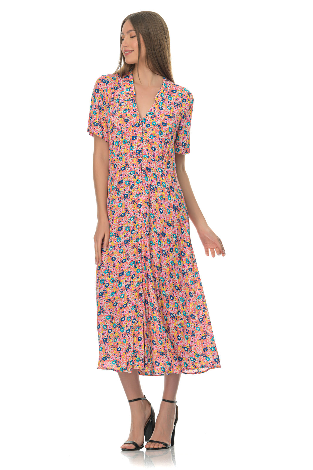 Emma gathered floral crepe midi shirt dress