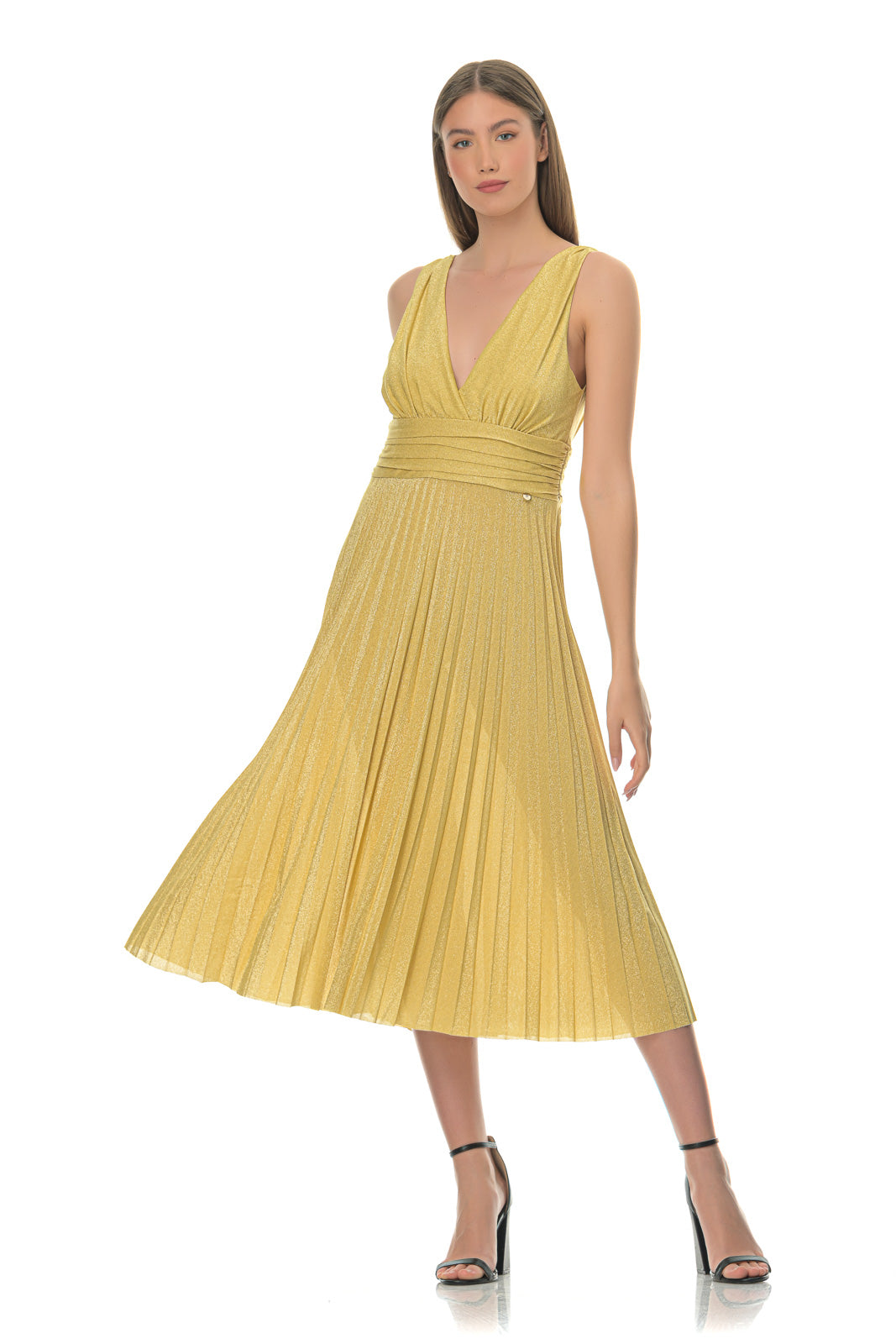 Yellow Pleated Midi Dress