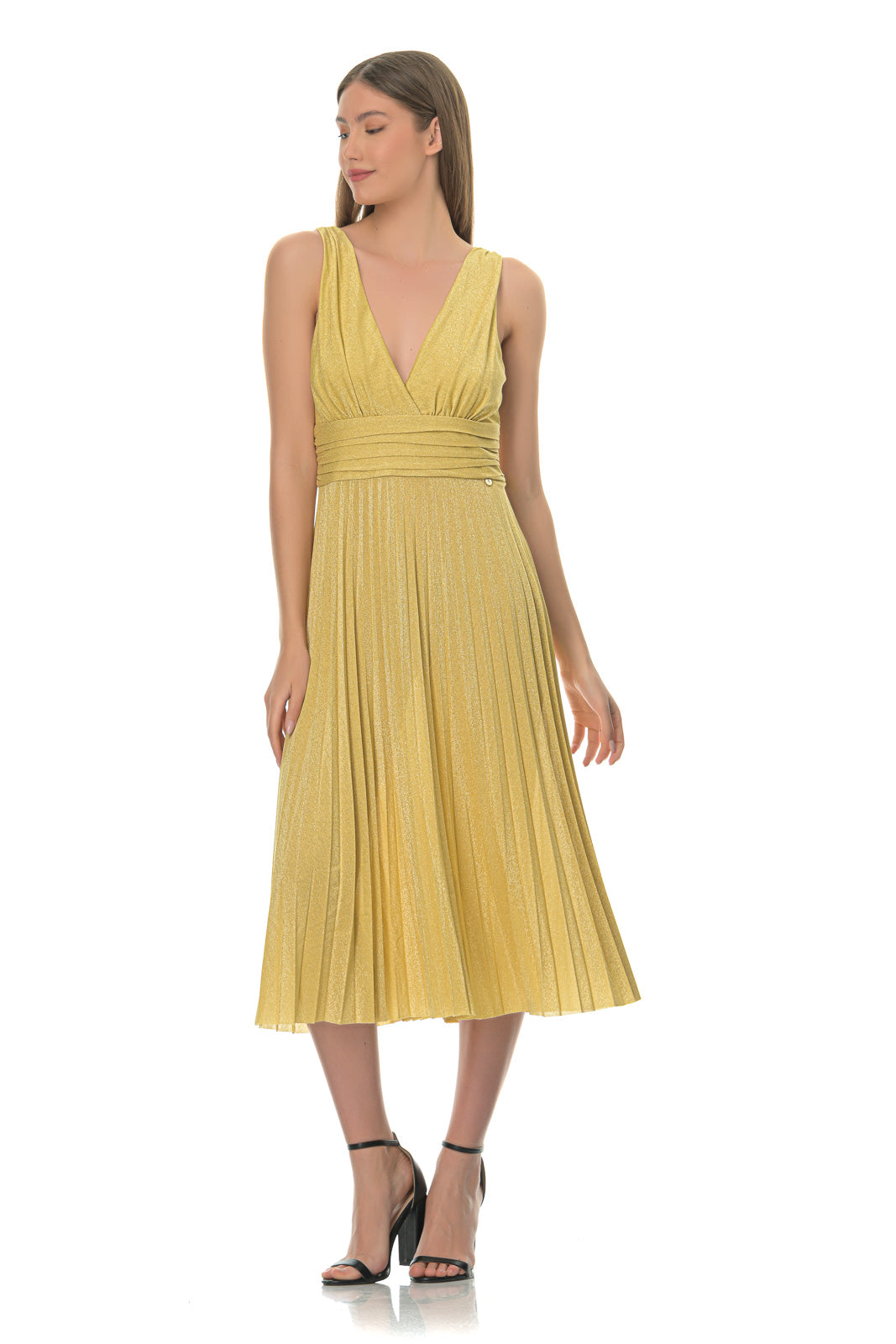 Yellow pleated midi dress