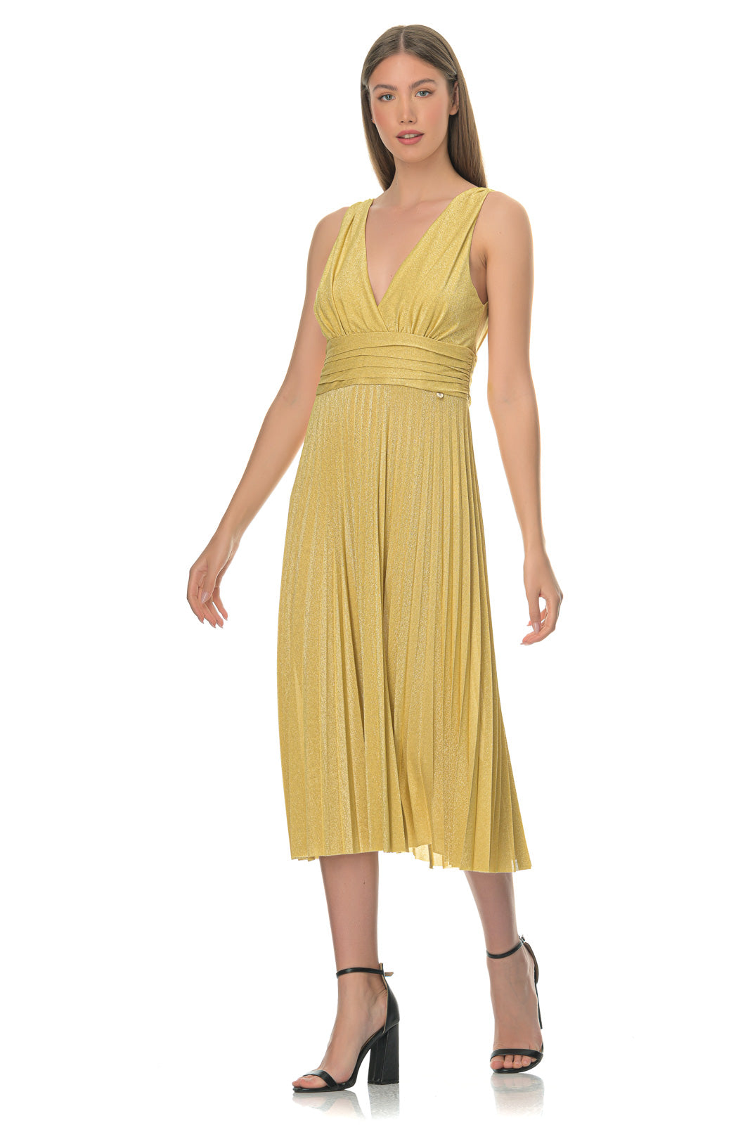 Yellow Pleated Midi Dress
