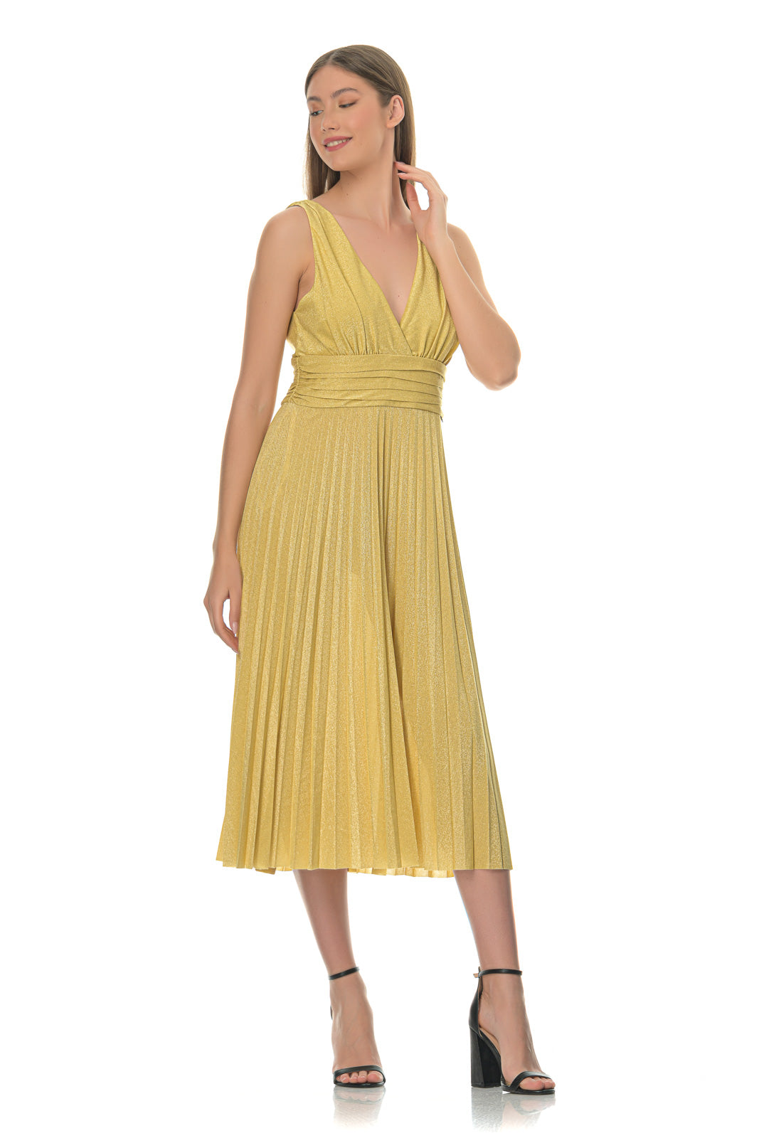 Yellow Pleated Midi Dress