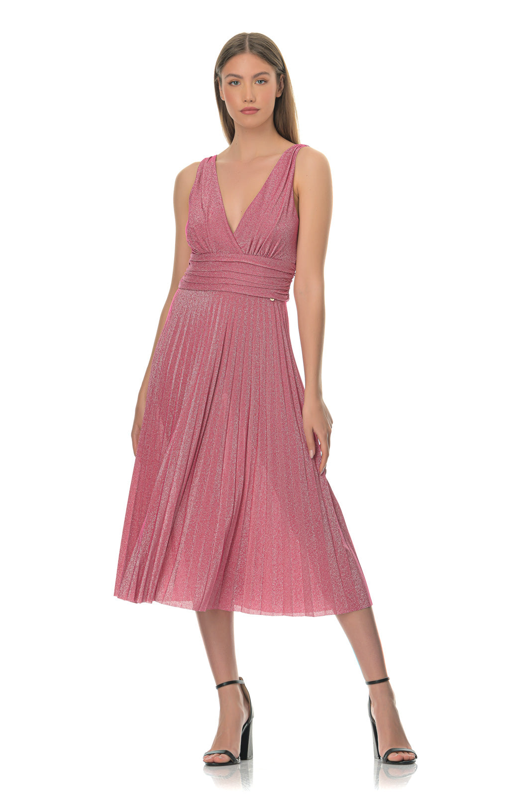 Pink pleated midi dress