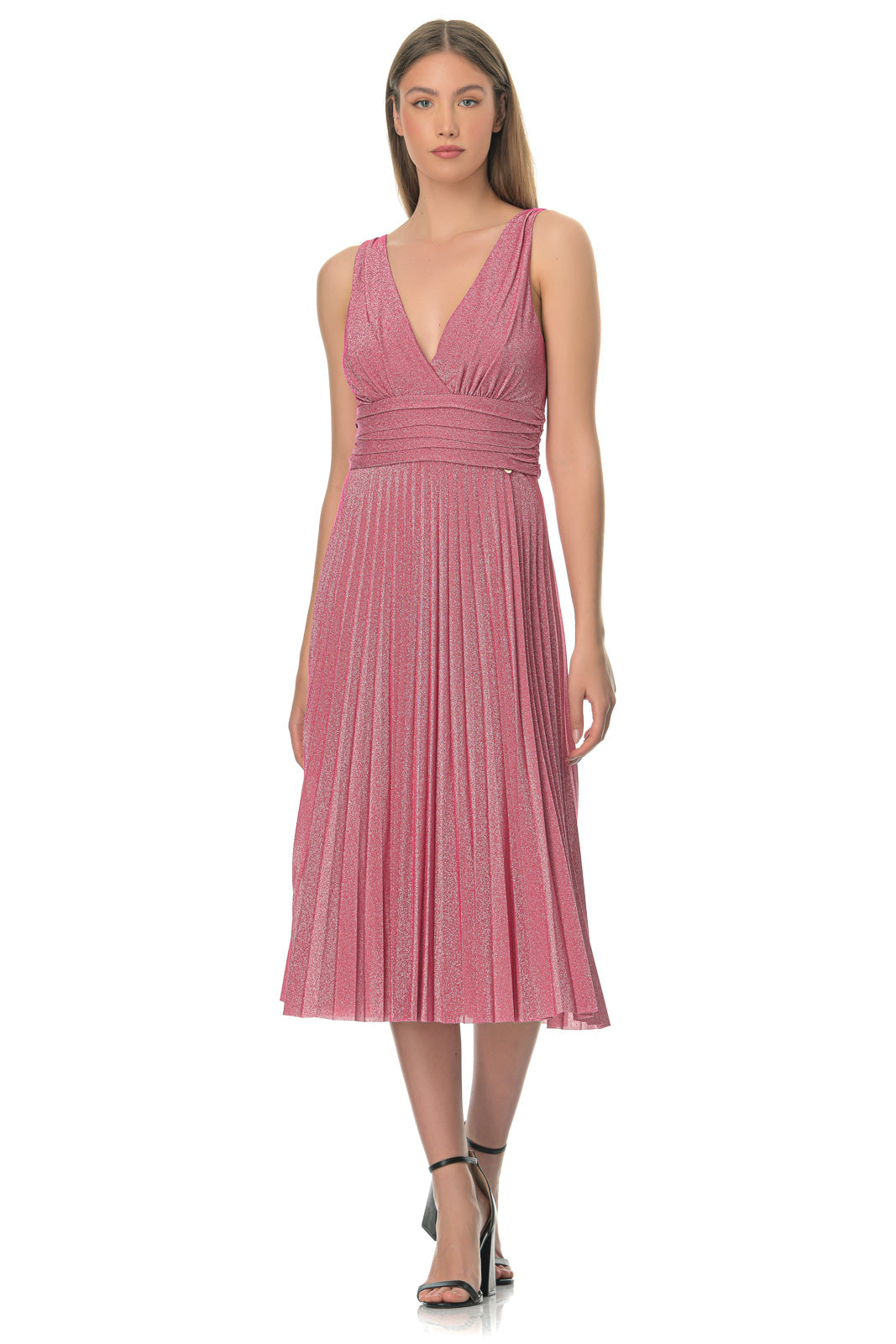 Pink pleated midi dress