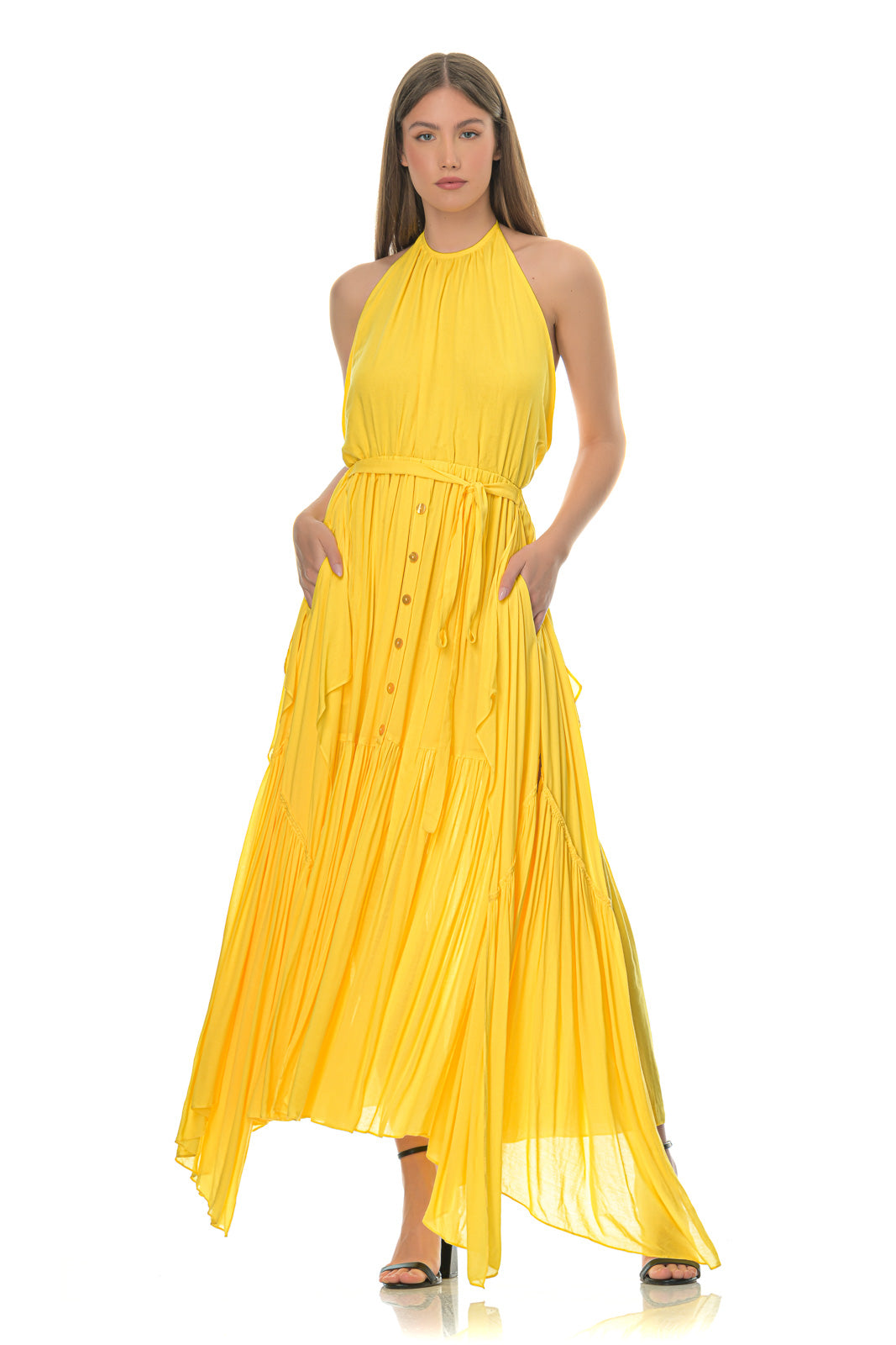 Yellow Backless Asymmetric Maxi Dress