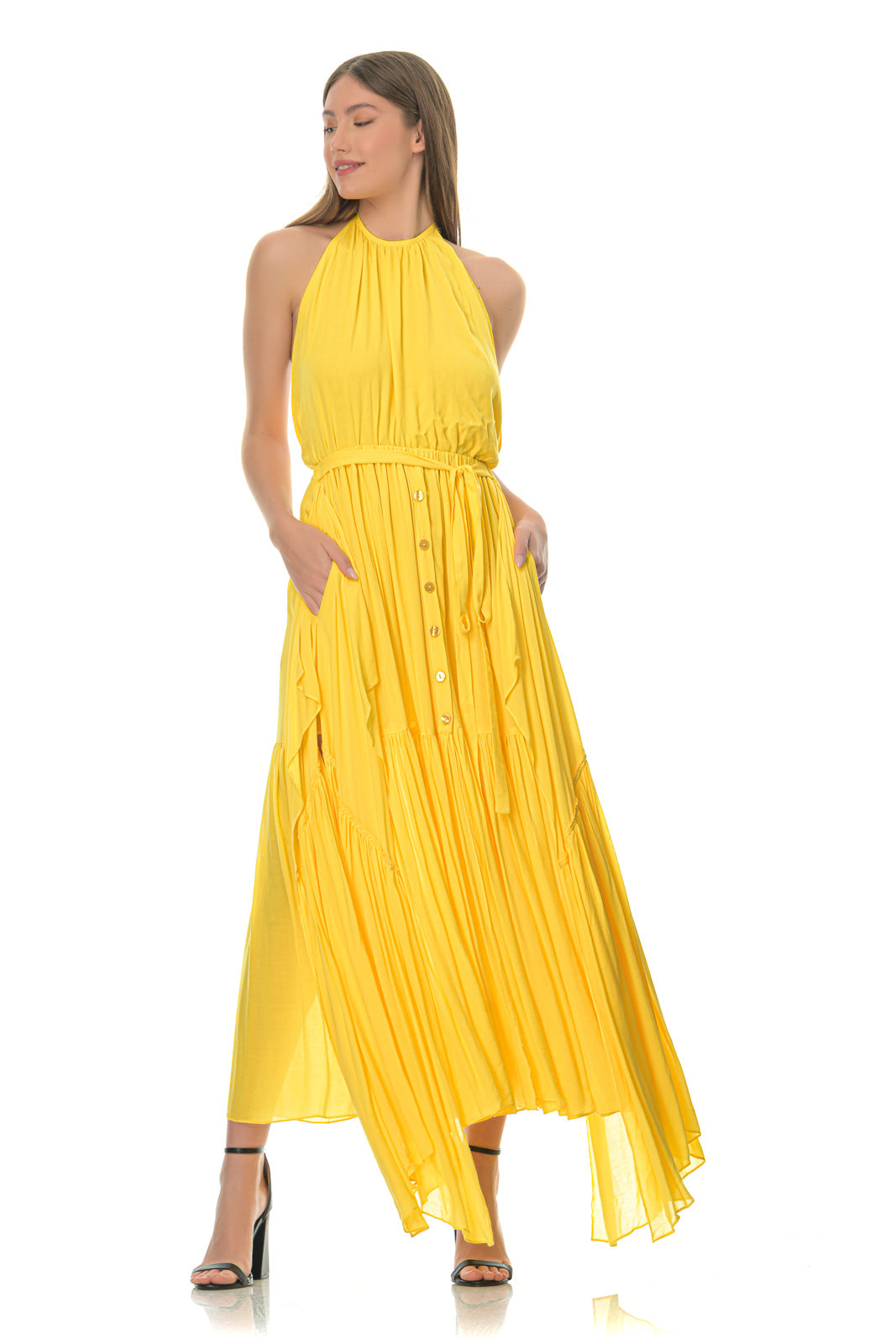 Yellow Backless Asymmetric Maxi Dress