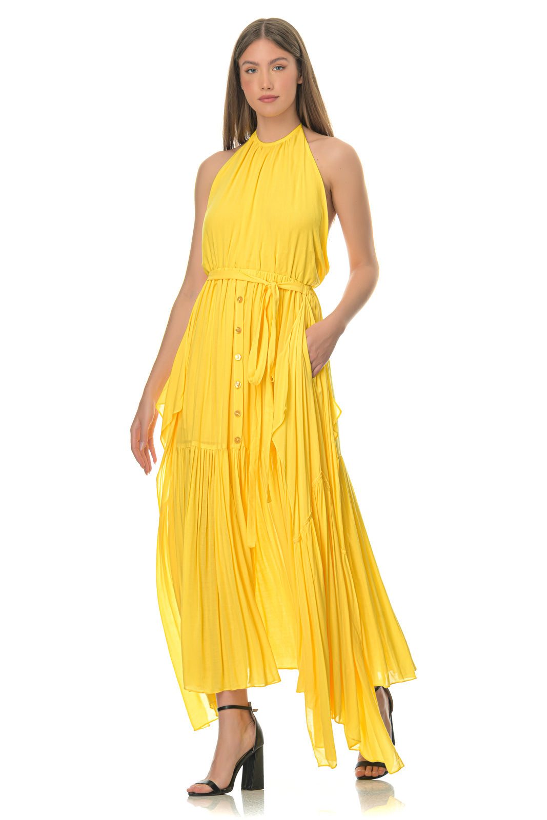 Yellow Backless Asymmetric Maxi Dress
