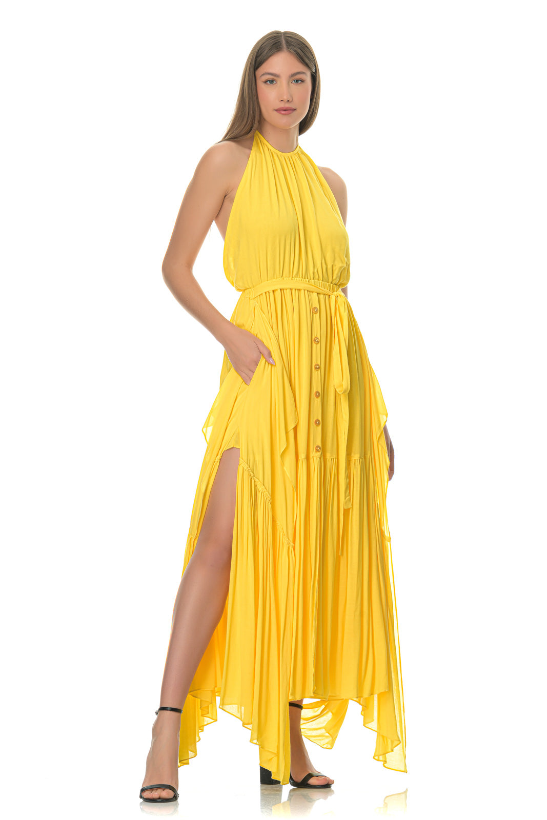 Yellow Backless Asymmetric Maxi Dress