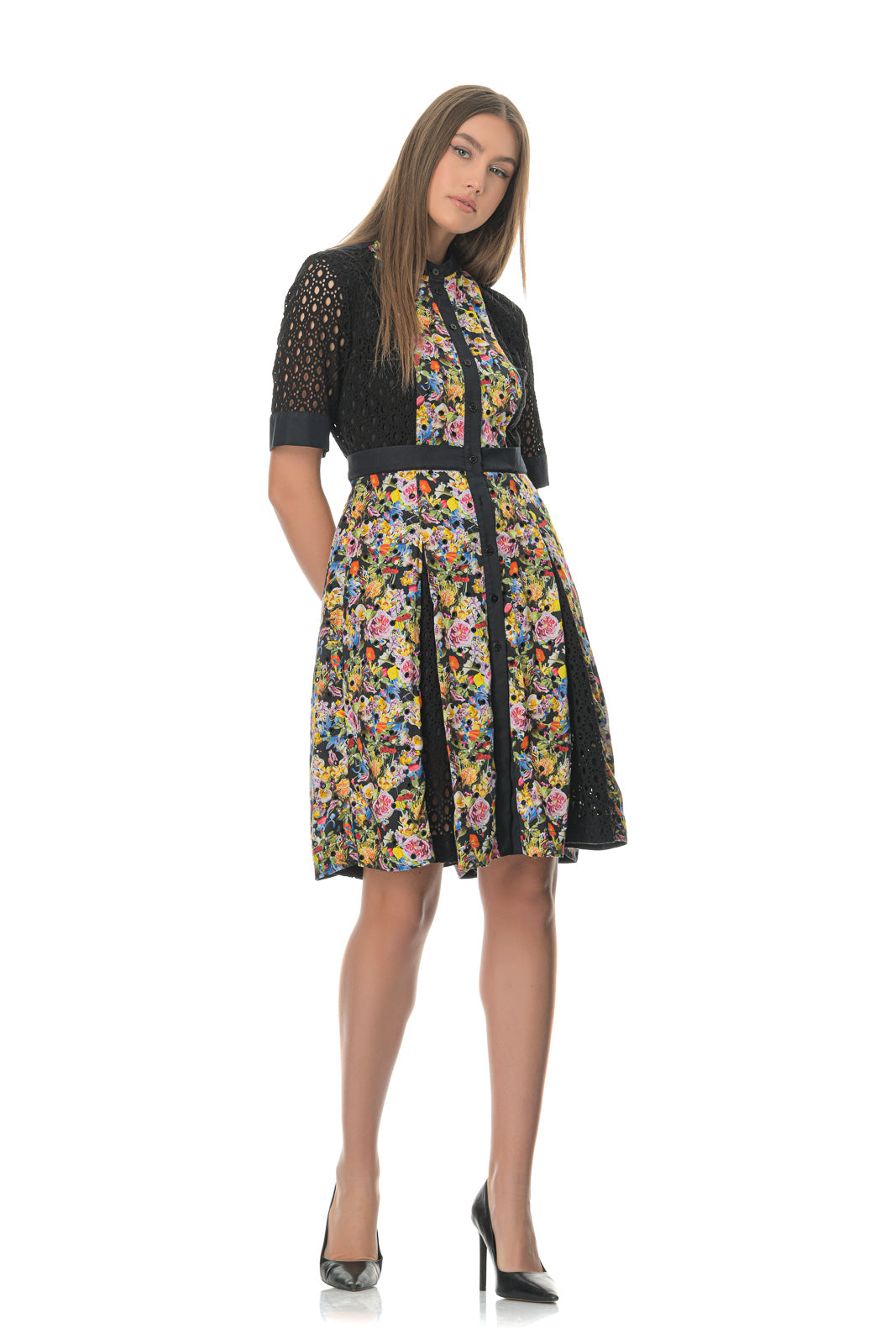 Caule Floral-Print Broderie-Anglaise Dress