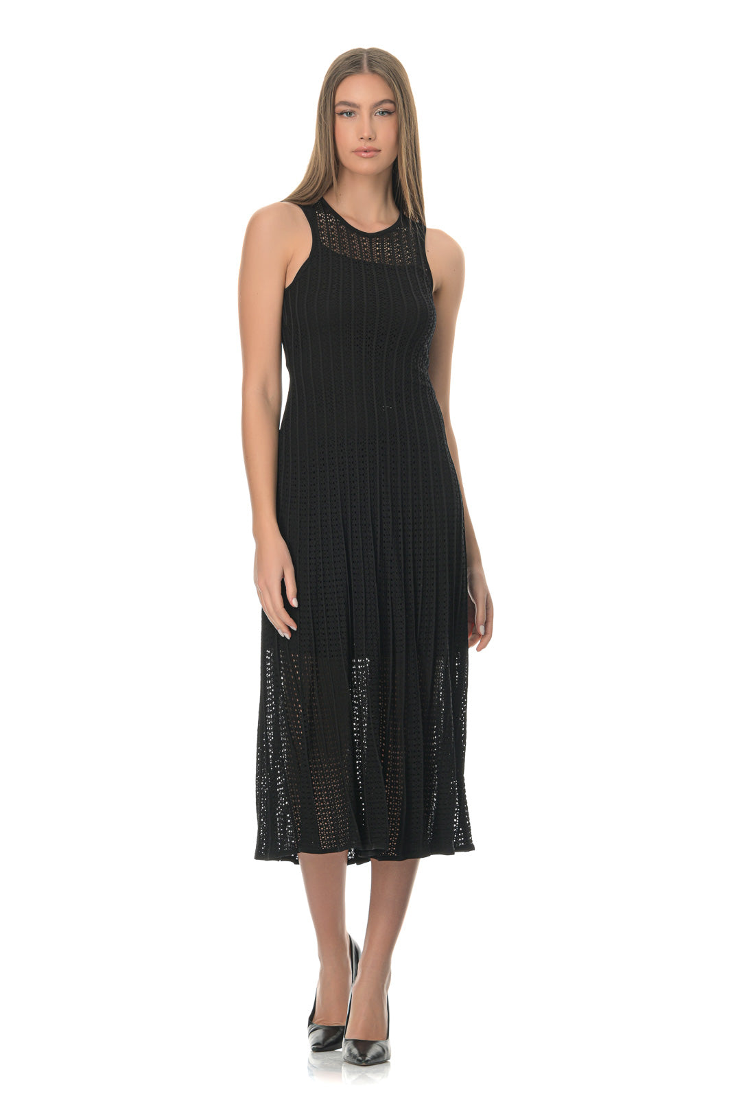 Black crochet knit midi dress