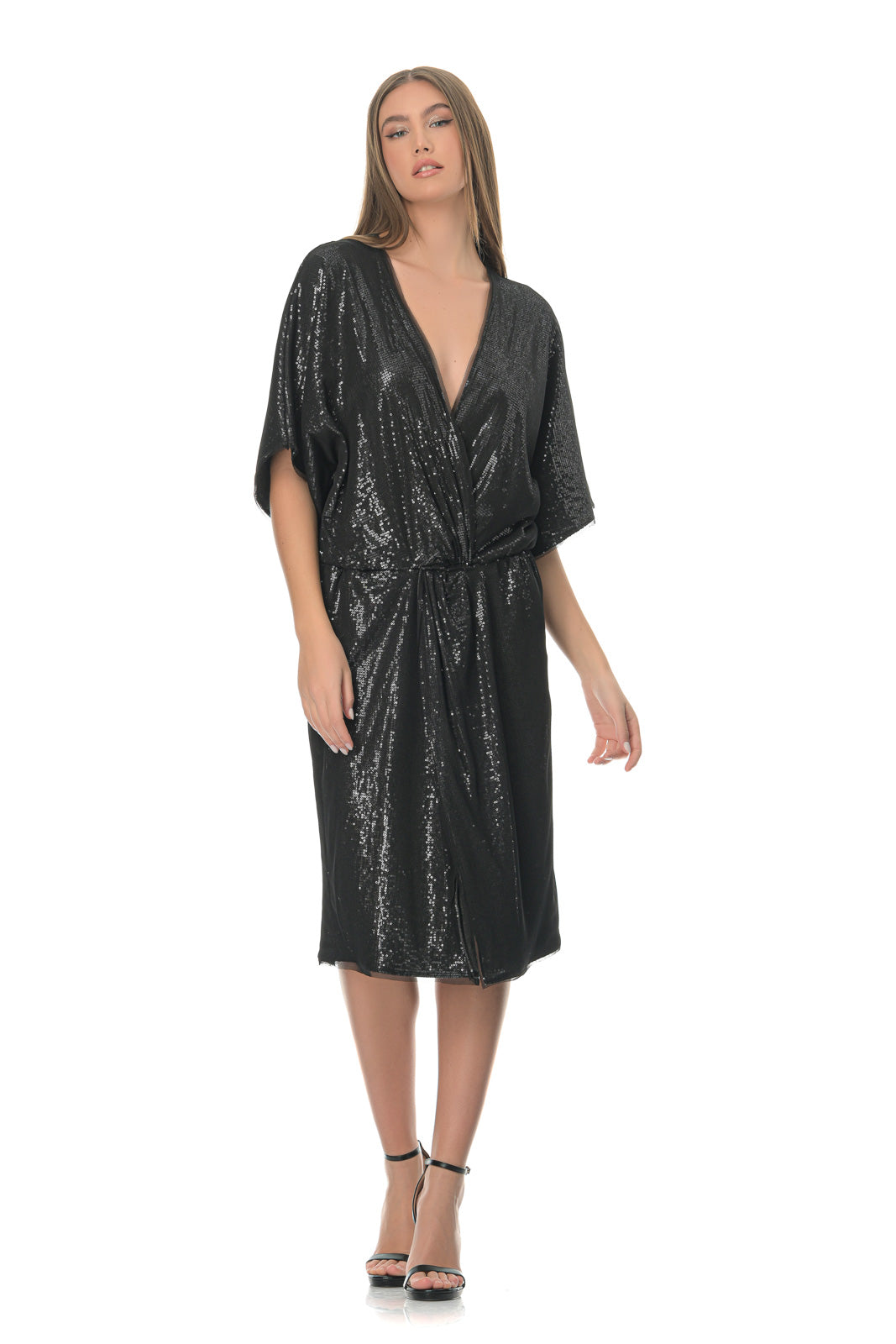 Black Sequined Wrap Midi Dress