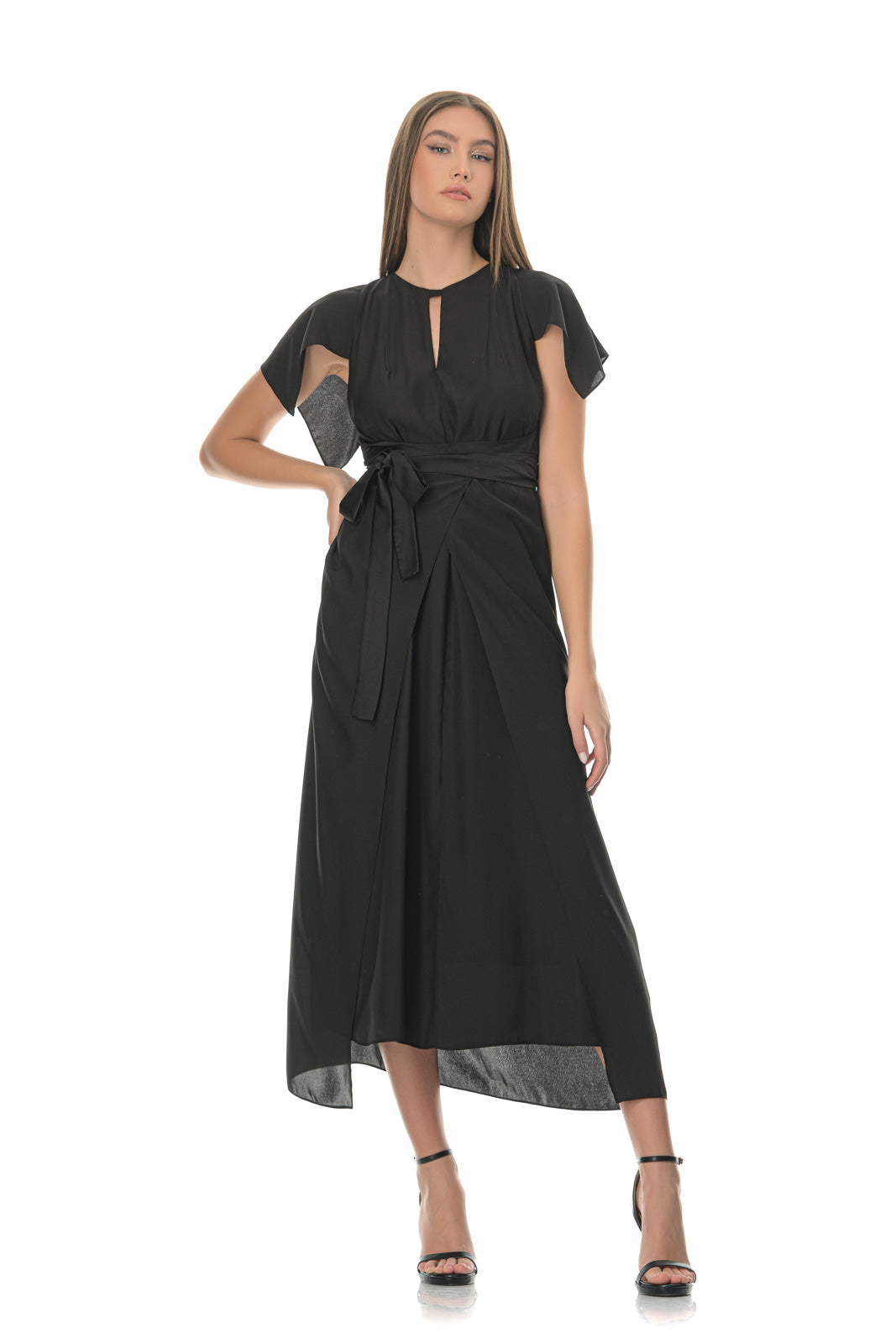 Black Silk Blend Belted Midi Dress