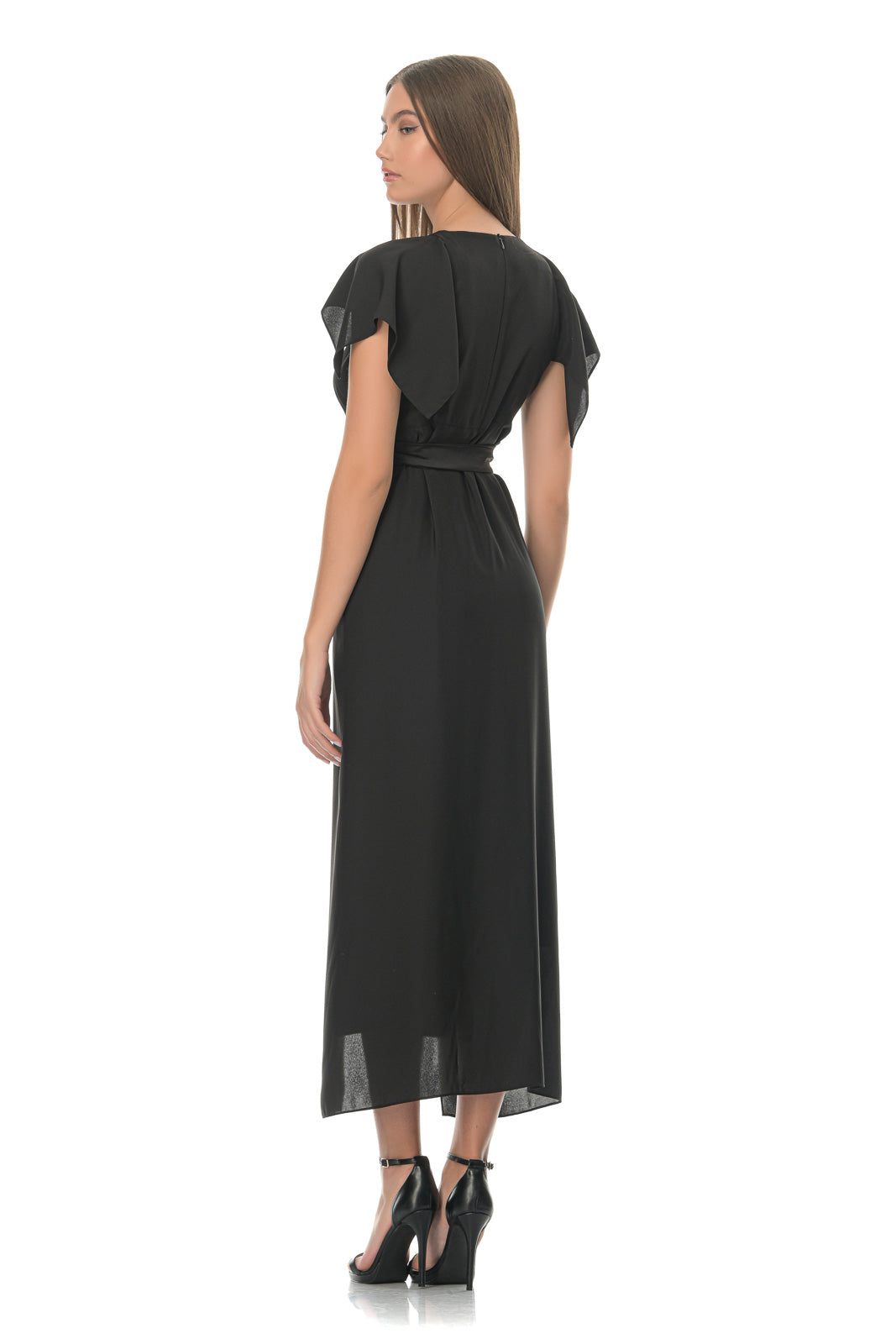 Black Silk Blend Belted Midi Dress