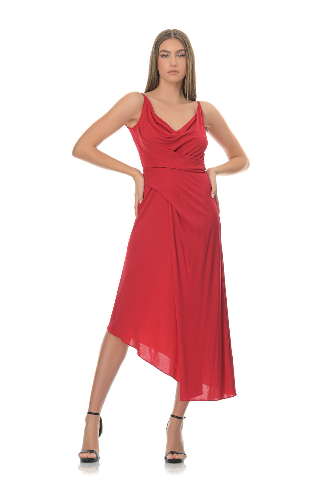 Red assymetric draped jersey dress