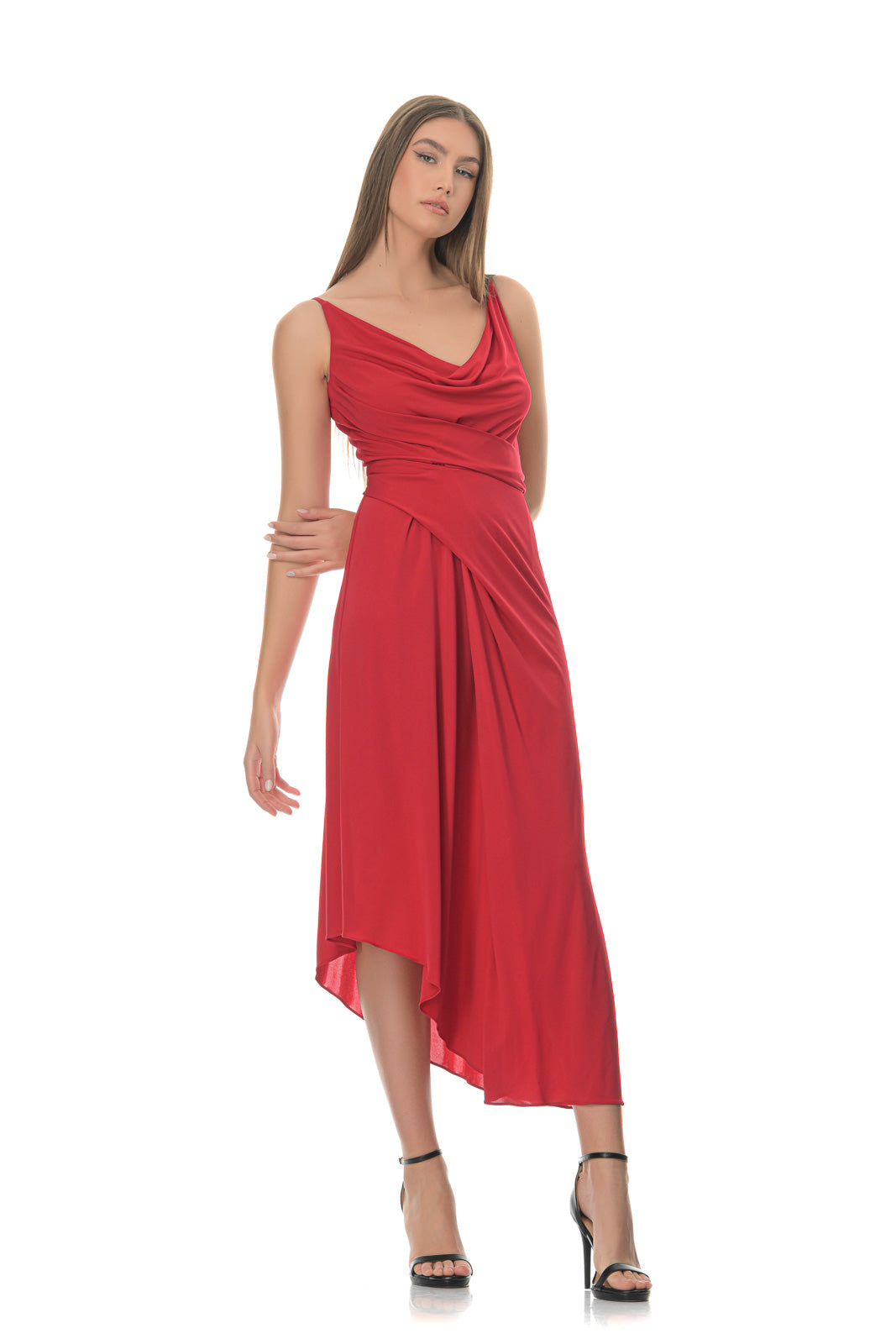 Red Assymetric Draped Jersey Dress