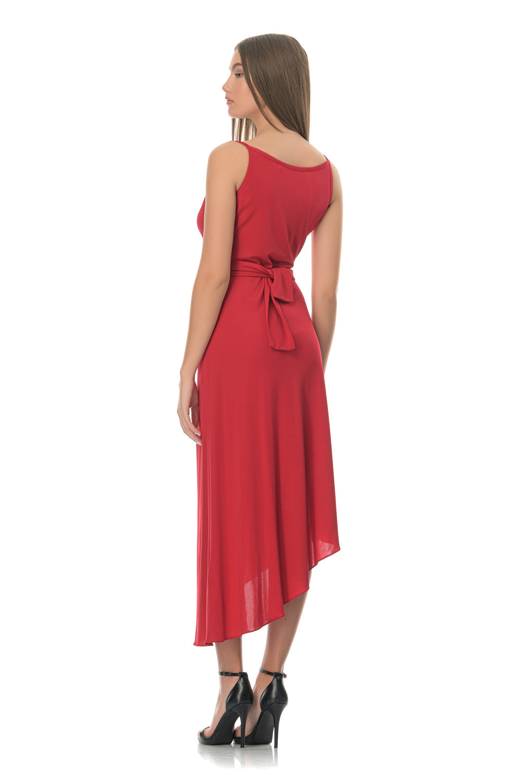 Red assymetric draped jersey dress