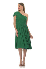 One-shoulder pleated crepe dress