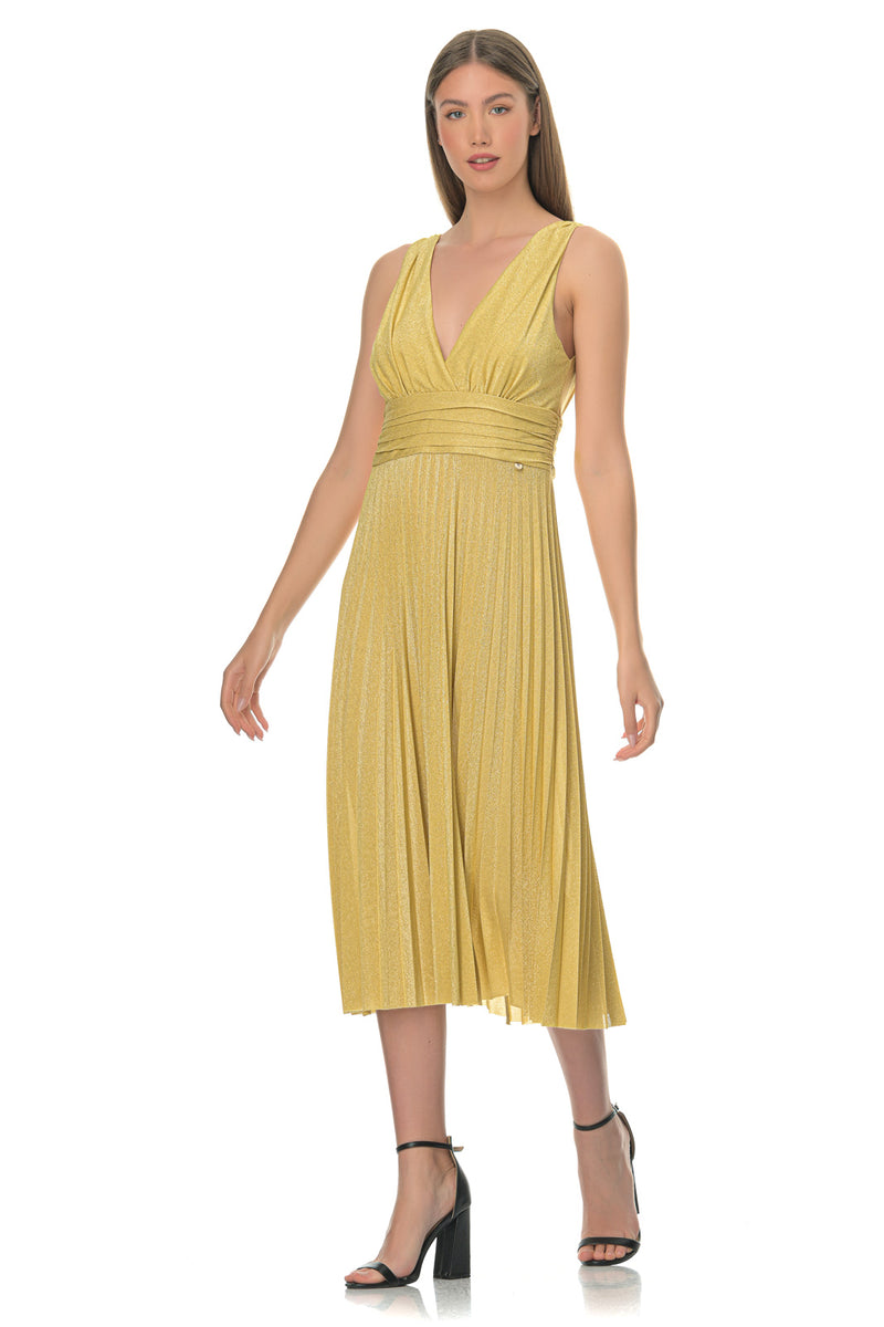 Yellow pleated midi dress