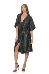 Black Sequined Wrap Midi Dress