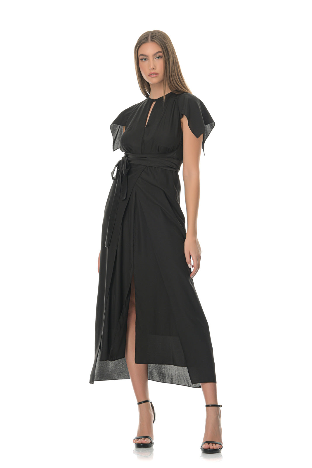 Black Silk Blend Belted Midi Dress