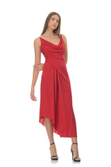 Red assymetric draped jersey dress