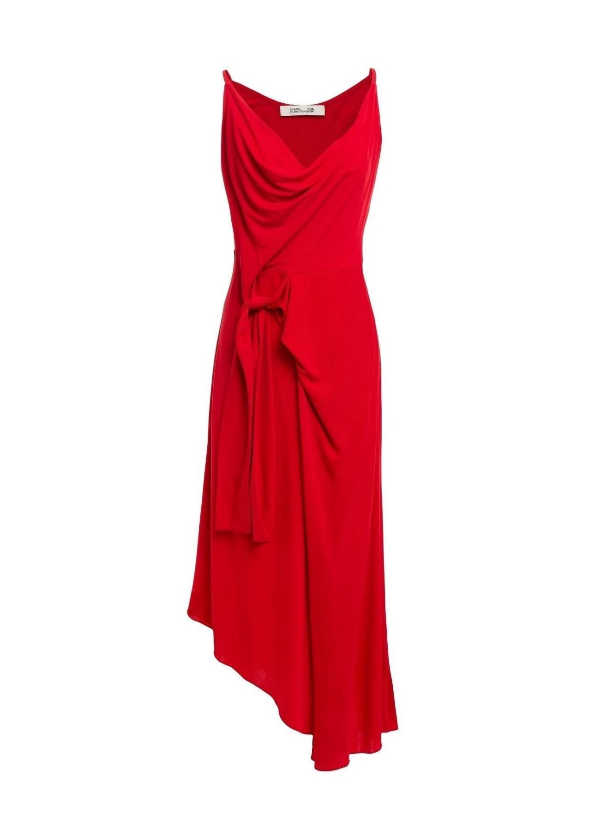 Red assymetric draped jersey dress